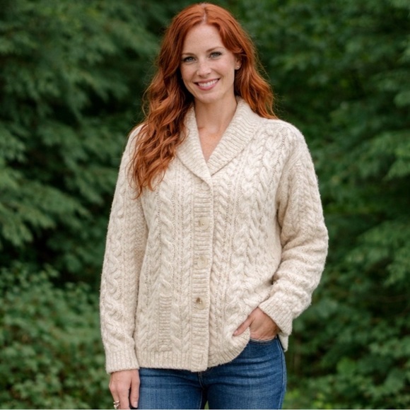 Aran Crafts Merino Wool Irish Cable Knit Cardigan Sweater Cream Women L - Picture 2 of 9
